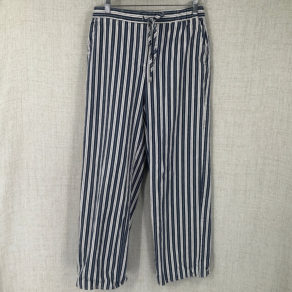 Zara Pants Women Small Blue Striped Cotton Coastal Nautical Wid Leg Relaxed